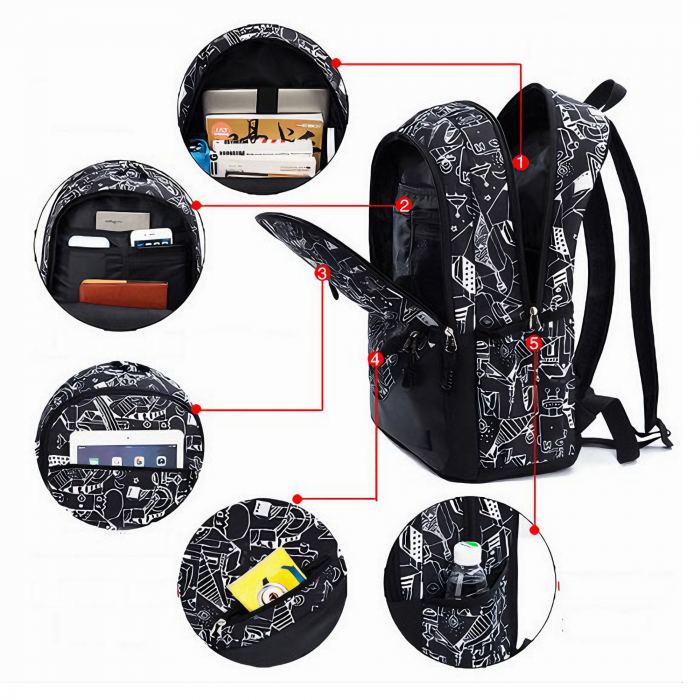 Ghiozdan adolescenti VarioShop®, potrivit pentru Scoala, Calatorii si Activitati Zilnice, cu 3 buzunare, prelungitor incarcare USB, mufa Jack pentru casti, lacat cu cifru, penar, model abstract alb cu [3]