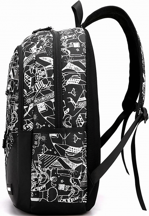 Ghiozdan adolescenti VarioShop®, potrivit pentru Scoala, Calatorii si Activitati Zilnice, cu 3 buzunare, prelungitor incarcare USB, mufa Jack pentru casti, lacat cu cifru, penar, model abstract alb cu [9]