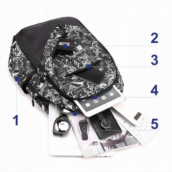 Ghiozdan adolescenti VarioShop®, potrivit pentru Scoala, Calatorii si Activitati Zilnice, cu 3 buzunare, prelungitor incarcare USB, mufa Jack pentru casti, lacat cu cifru, penar, model abstract alb cu [4]