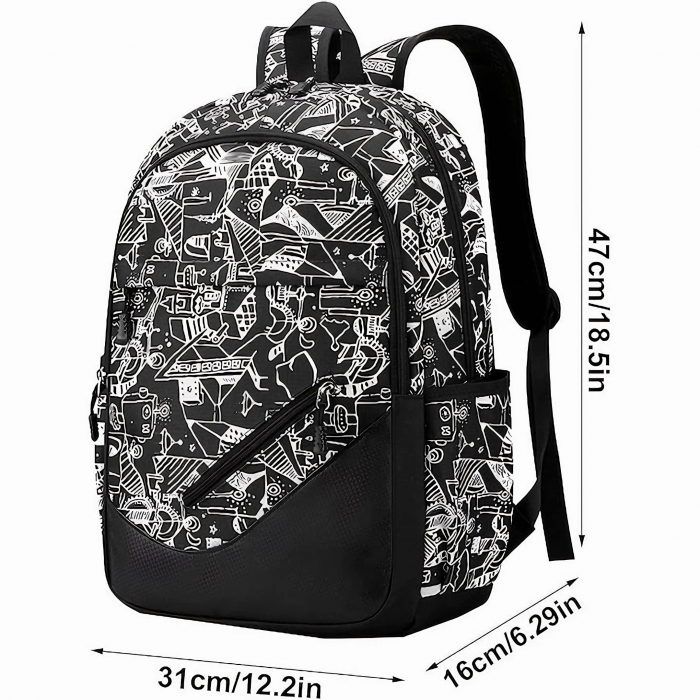 Ghiozdan adolescenti VarioShop®, potrivit pentru Scoala, Calatorii si Activitati Zilnice, cu 3 buzunare, prelungitor incarcare USB, mufa Jack pentru casti, lacat cu cifru, penar, model abstract alb cu [2]