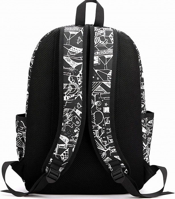 Ghiozdan adolescenti VarioShop®, potrivit pentru Scoala, Calatorii si Activitati Zilnice, cu 3 buzunare, prelungitor incarcare USB, mufa Jack pentru casti, lacat cu cifru, penar, model abstract alb cu [8]