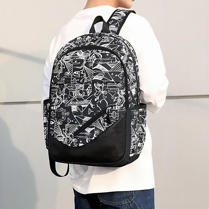 Ghiozdan adolescenti VarioShop®, potrivit pentru Scoala, Calatorii si Activitati Zilnice, cu 3 buzunare, prelungitor incarcare USB, mufa Jack pentru casti, lacat cu cifru, penar, model abstract alb cu [5]