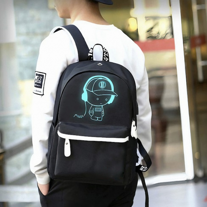 Ghiozdan Pentru Adolescenti VarioShop®, cu Design Fosforescent, Prelungitor Incarcare USB, Mufa Jack pentru Casti, Lacat cu Cifru, Penar, Waterproof, Pentru Scoala, Drumetii si Munte 42x14x33 cm, Negr [2]