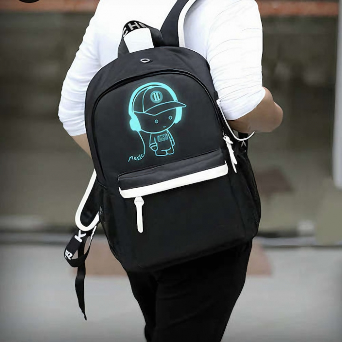Ghiozdan Pentru Adolescenti VarioShop®, cu Design Fosforescent, Prelungitor Incarcare USB, Mufa Jack pentru Casti, Lacat cu Cifru, Penar, Waterproof, Pentru Scoala, Drumetii si Munte 42x14x33 cm, Negr [3]