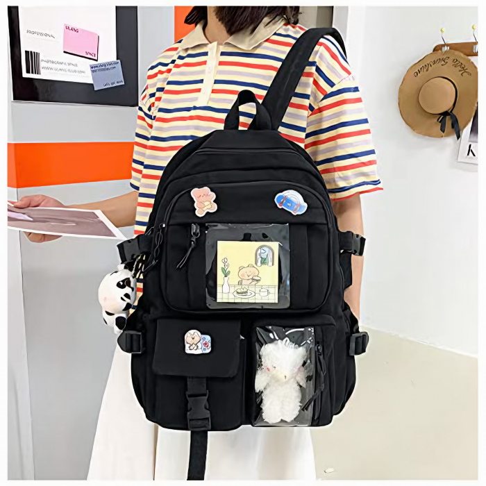 Ghiozdan pentru adolescenti VarioShop®, potrivit pentru scoala, calatorii, activitati de zi cu zi, 2 brelocuri incluse, model vacuta si ursulet, lacatu cu cifru, rezistent la apa, 43x31x13 cm, negru [12]
