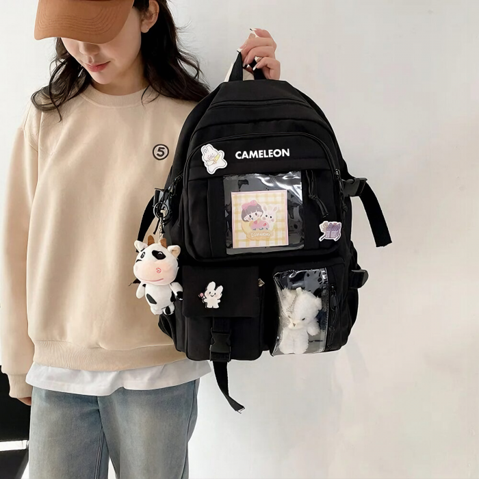 Ghiozdan pentru adolescenti VarioShop®, potrivit pentru scoala, calatorii, activitati de zi cu zi, 2 brelocuri incluse, model vacuta si ursulet, lacatu cu cifru, rezistent la apa, 43x31x13 cm, negru [20]