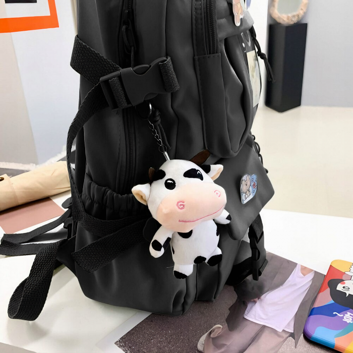 Ghiozdan pentru adolescenti VarioShop®, potrivit pentru scoala, calatorii, activitati de zi cu zi, 2 brelocuri incluse, model vacuta si ursulet, lacatu cu cifru, rezistent la apa, 43x31x13 cm, negru [13]