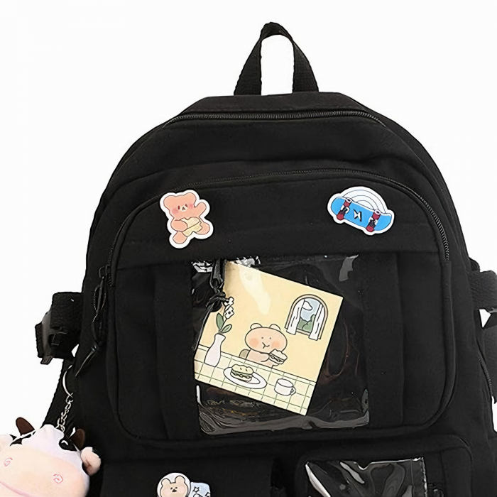 Ghiozdan pentru adolescenti VarioShop®, potrivit pentru scoala, calatorii, activitati de zi cu zi, 2 brelocuri incluse, model vacuta si ursulet, lacatu cu cifru, rezistent la apa, 43x31x13 cm, negru [19]