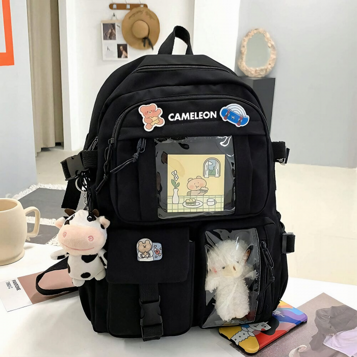 Ghiozdan pentru adolescenti VarioShop®, potrivit pentru scoala, calatorii, activitati de zi cu zi, 2 brelocuri incluse, model vacuta si ursulet, lacatu cu cifru, rezistent la apa, 43x31x13 cm, negru [7]