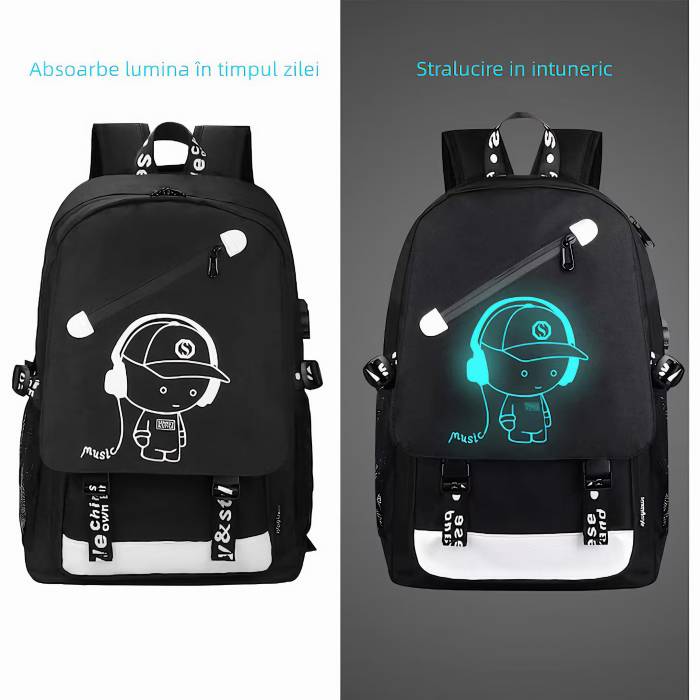 Ghiozdan smart VarioShop®, multifunctional, sistem blocare cu lacat, prelungitor incarcare USB, mufa Jack pentru casti, imprimeu fosforescent Marshmello, capacitate 35 l, rezistent, 44x30x17 cm, Negru [8]