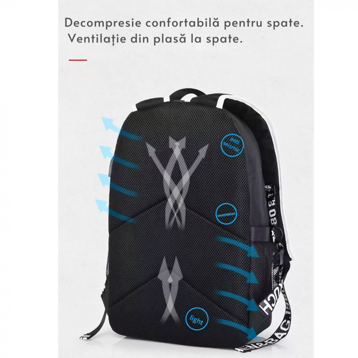 Ghiozdan smart VarioShop®, multifunctional, sistem blocare cu lacat, prelungitor incarcare USB, mufa Jack pentru casti, imprimeu fosforescent Marshmello, capacitate 35 l, rezistent, 44x30x17 cm, Negru [3]