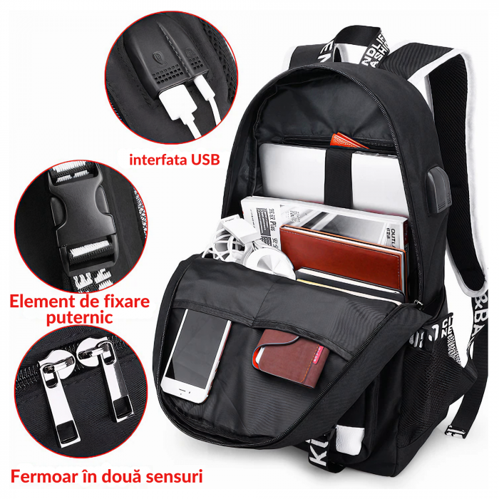 Ghiozdan smart VarioShop®, multifunctional, sistem blocare cu lacat, prelungitor incarcare USB, mufa Jack pentru casti, imprimeu fosforescent Marshmello, capacitate 35 l, rezistent, 44x30x17 cm, Negru [2]