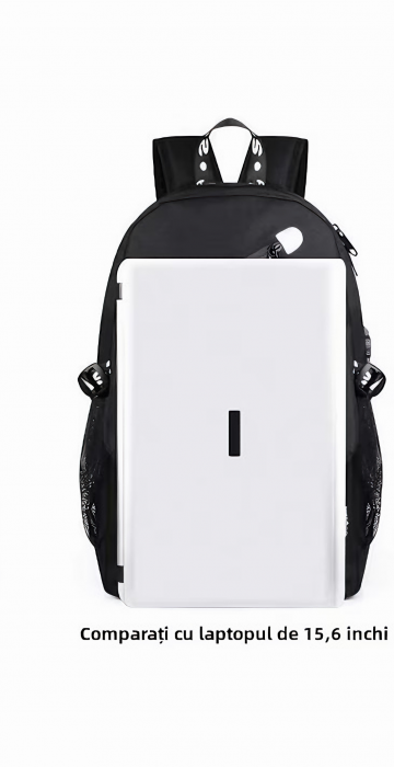 Ghiozdan smart VarioShop®, multifunctional, sistem blocare cu lacat, prelungitor incarcare USB, mufa Jack pentru casti, imprimeu fosforescent Marshmello, capacitate 35 l, rezistent, 44x30x17 cm, Negru [7]