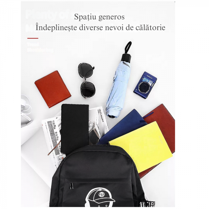 Ghiozdan smart VarioShop®, multifunctional, sistem blocare cu lacat, prelungitor incarcare USB, mufa Jack pentru casti, imprimeu fosforescent Marshmello, capacitate 35 l, rezistent, 44x30x17 cm, Negru [5]