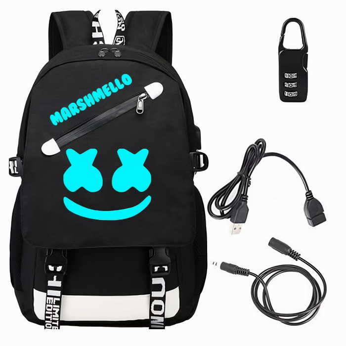 Ghiozdan smart VarioShop®, multifunctional, sistem blocare cu lacat, prelungitor incarcare USB, mufa Jack pentru casti, imprimeu fosforescent Marshmello, capacitate 35 l, rezistent, 44x30x17 cm, Negru [11]