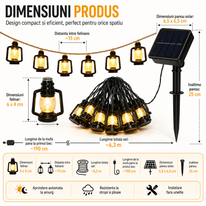 Ghirlanda solara LED VarioShop®, pentru gradina, balcon si terasa, 30 felinare cu aprindere automata seara, 6,3 m, negru [3]