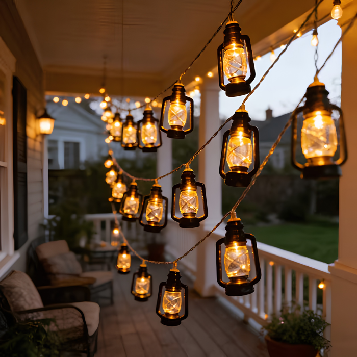 Ghirlanda solara LED VarioShop®, pentru gradina, balcon si terasa, 50 felinare cu lumina calda, 8 moduri, aprindere automata la amurg, 6,9 m, negru [3]