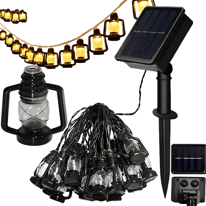Ghirlanda solara LED VarioShop®, pentru gradina, balcon si terasa, 50 felinare cu lumina calda, 8 moduri, aprindere automata la amurg, 6,9 m, negru [19]