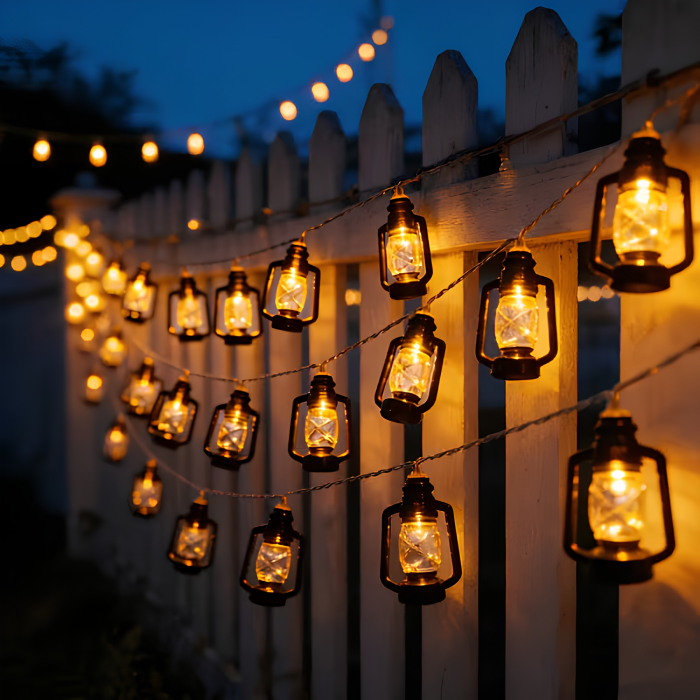 Ghirlanda solara LED VarioShop®, pentru gradina, balcon si terasa, 50 felinare cu lumina calda, 8 moduri, aprindere automata la amurg, 6,9 m, negru [5]