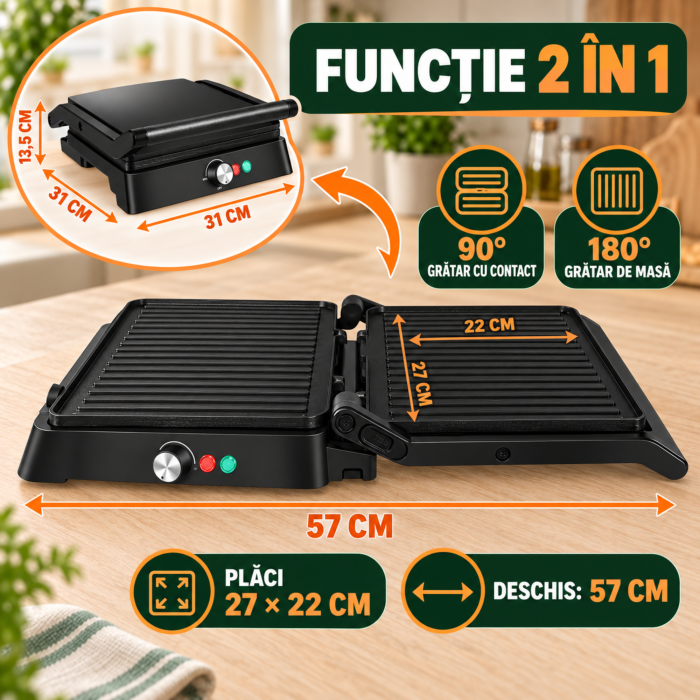 Gratar electric VarioShop®, 2000W, deschidere 180°, control temperatura, placi antiaderente, tava scurgere, negru [2]
