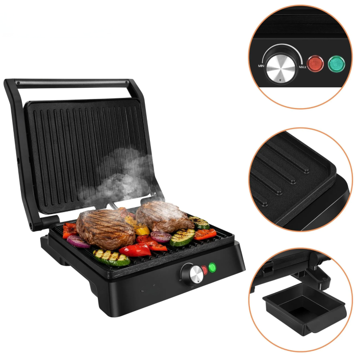 Gratar electric VarioShop®, 2000W, deschidere 180°, control temperatura, placi antiaderente, tava scurgere, negru [10]