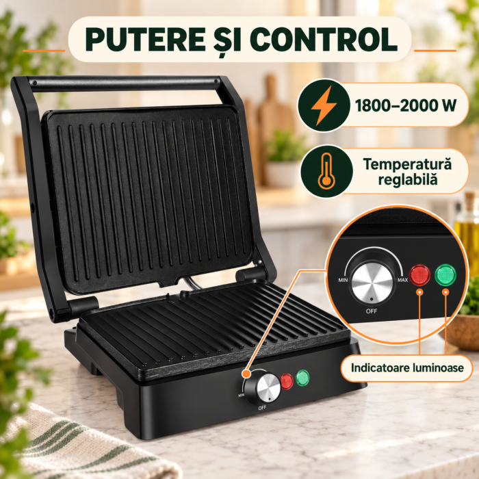 Gratar electric VarioShop®, 2000W, deschidere 180°, control temperatura, placi antiaderente, tava scurgere, negru [4]