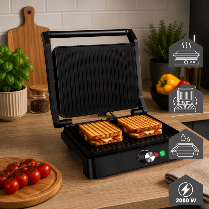 Gratar electric VarioShop®, 2000W, deschidere 180°, control temperatura, placi antiaderente, tava scurgere, negru [7]
