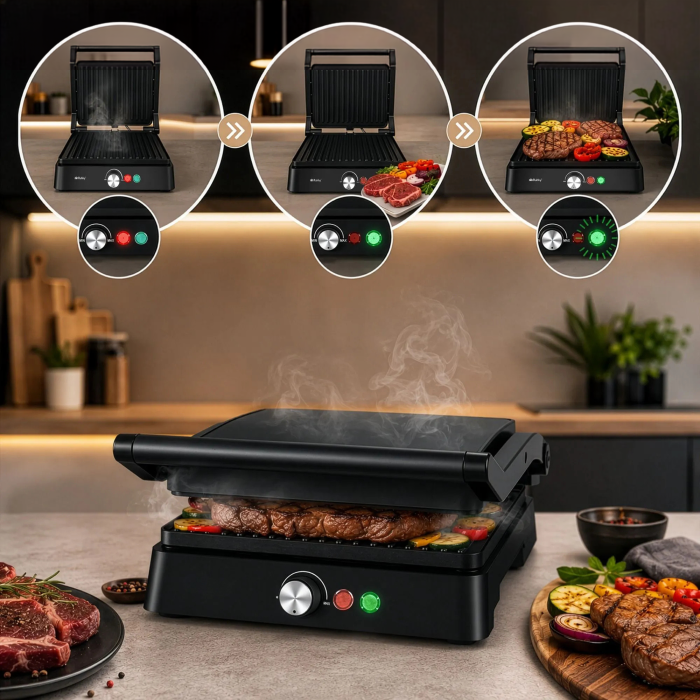 Gratar electric VarioShop®, 2000W, deschidere 180°, control temperatura, placi antiaderente, tava scurgere, negru [8]