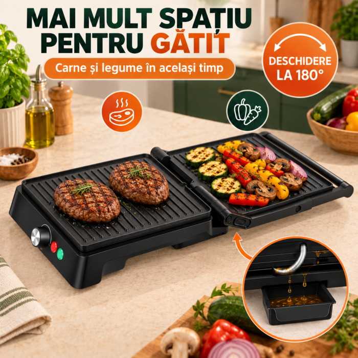 Gratar electric VarioShop®, 2000W, deschidere 180°, control temperatura, placi antiaderente, tava scurgere, negru [5]