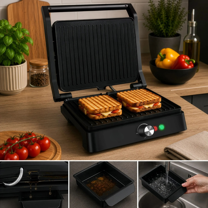 Gratar electric VarioShop®, 2000W, deschidere 180°, control temperatura, placi antiaderente, tava scurgere, negru [9]