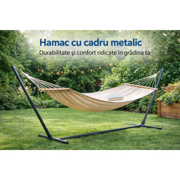 Hamac cu cadru metalic VarioShop®, reglare inaltime 6 niveluri, suport 150 kg, material textil rezistent, pliabil cu geanta transport, pentru terasa si balcon [2]