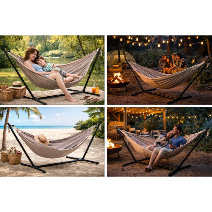 Hamac cu cadru metalic VarioShop®, reglare inaltime 6 niveluri, suport 150 kg, material textil rezistent, pliabil cu geanta transport, pentru terasa si balcon [4]