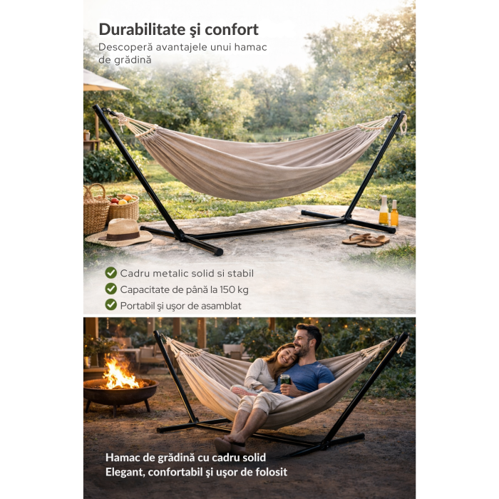 Hamac cu cadru metalic VarioShop®, reglare inaltime 6 niveluri, suport 150 kg, material textil rezistent, pliabil cu geanta transport, pentru terasa si balcon [3]
