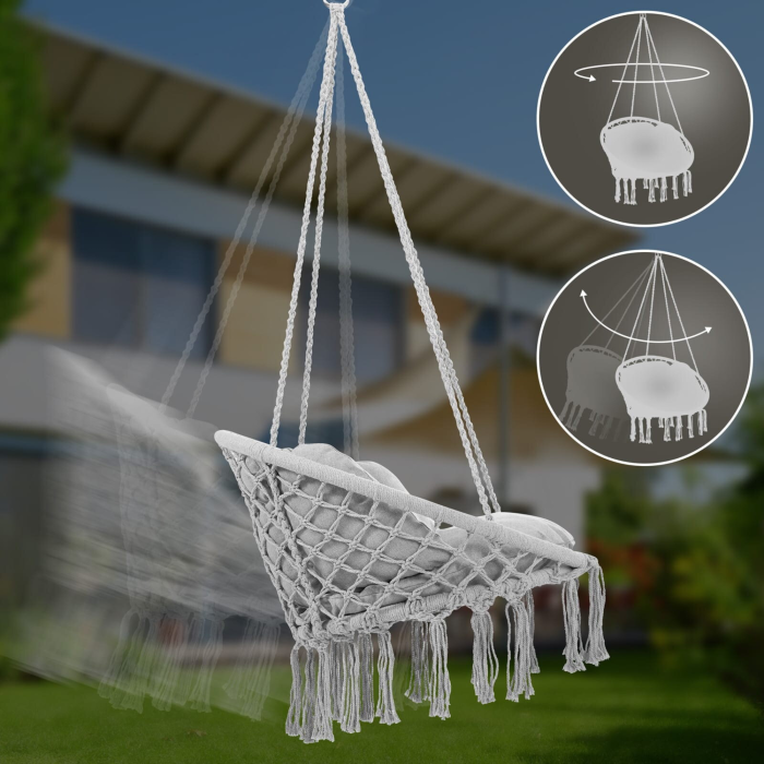 Hamac cu perna VarioShop®, tip fotoliu suspendat, cuib de barza, stil boho, leagan pentru gradina, balcon si terasa, rezistent 120 kg, rotire 360° [4]
