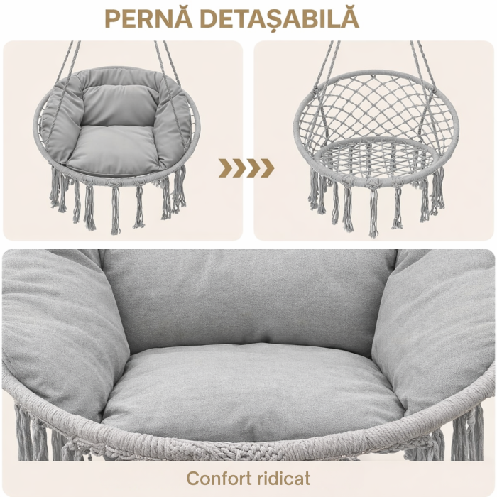 Hamac cu perna VarioShop®, tip fotoliu suspendat, cuib de barza, stil boho, leagan pentru gradina, balcon si terasa, rezistent 120 kg, rotire 360° [2]