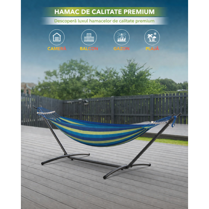 Hamac cu suport metalic si cadru din otel VarioShop®, 2 persoane, 200 kg, reglabil pe inaltime, material bumbac/poliester, pentru gradina, terasa si balcon [2]