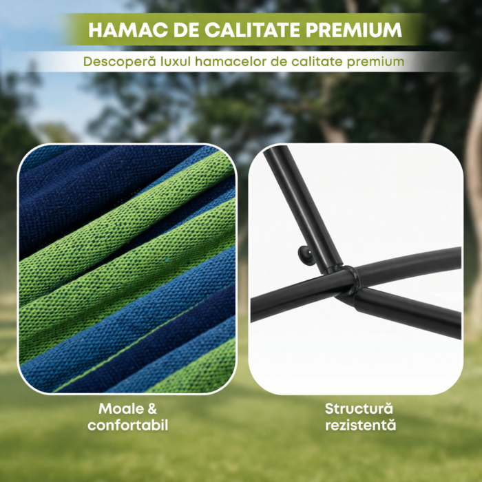 Hamac cu suport metalic si cadru din otel VarioShop®, 2 persoane, 200 kg, reglabil pe inaltime, material bumbac/poliester, pentru gradina, terasa si balcon [3]