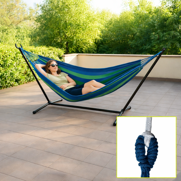 Hamac cu suport metalic si cadru din otel VarioShop®, 2 persoane, 200 kg, reglabil pe inaltime, material bumbac/poliester, pentru gradina, terasa si balcon [7]