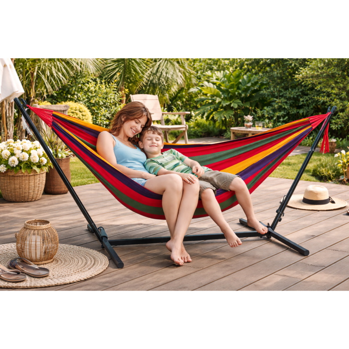 Hamac cu suport metalic si cadru din otel VarioShop®, greutate maxima 150 kg, montaj rapid, structura stabila, pentru terasa, balcon si camping, 185x80 cm [4]
