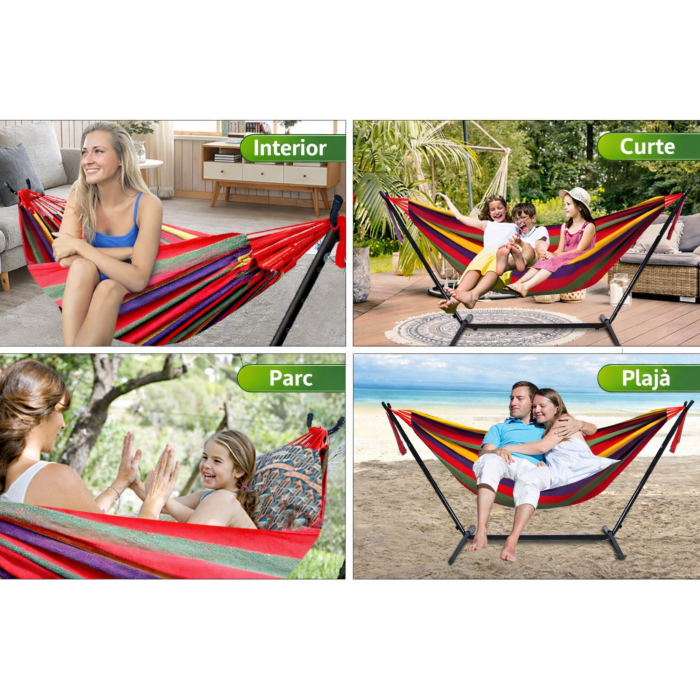 Hamac cu suport metalic si cadru din otel VarioShop®, greutate maxima 150 kg, montaj rapid, structura stabila, pentru terasa, balcon si camping, 185x80 cm [3]