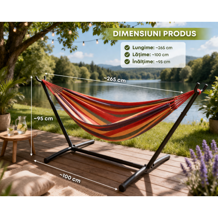 Hamac cu suport metalic si cadru din otel VarioShop®, greutate maxima 150 kg, montaj rapid, structura stabila, pentru terasa, balcon si camping, 185x80 cm [2]