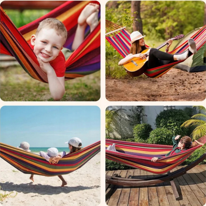 Hamac de gradina 250x150 cm VarioShop®, sarcina maxima 280 kg, bumbac rezistent, cu franghii si geanta transport, pentru exterior si interior [2]