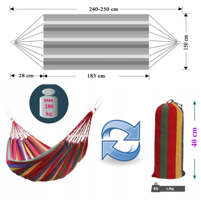 Hamac de gradina 250x150 cm VarioShop®, sarcina maxima 280 kg, bumbac rezistent, cu franghii si geanta transport, pentru exterior si interior [4]