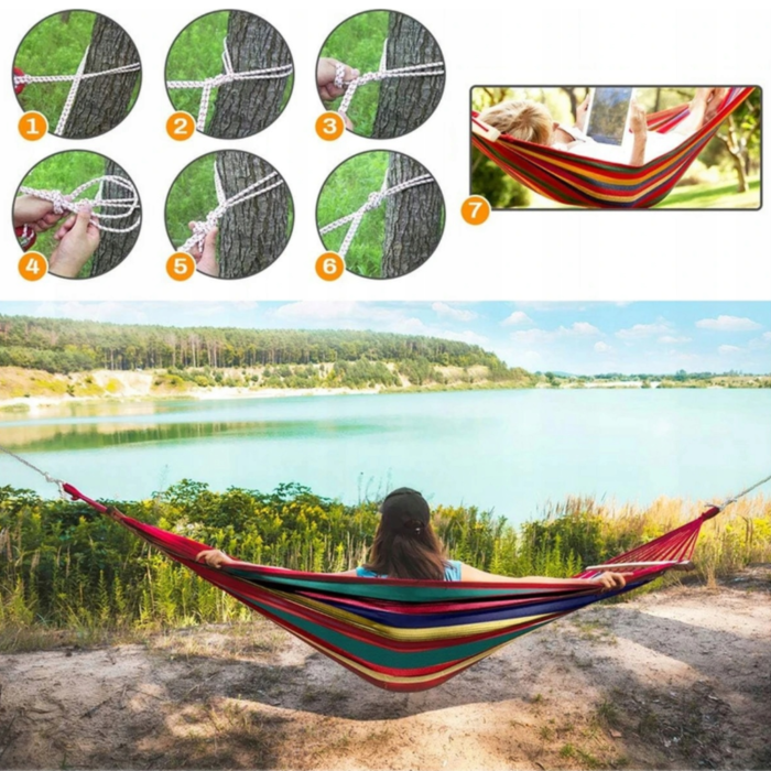 Hamac de gradina 250x150 cm VarioShop®, sarcina maxima 280 kg, bumbac rezistent, cu franghii si geanta transport, pentru exterior si interior [3]