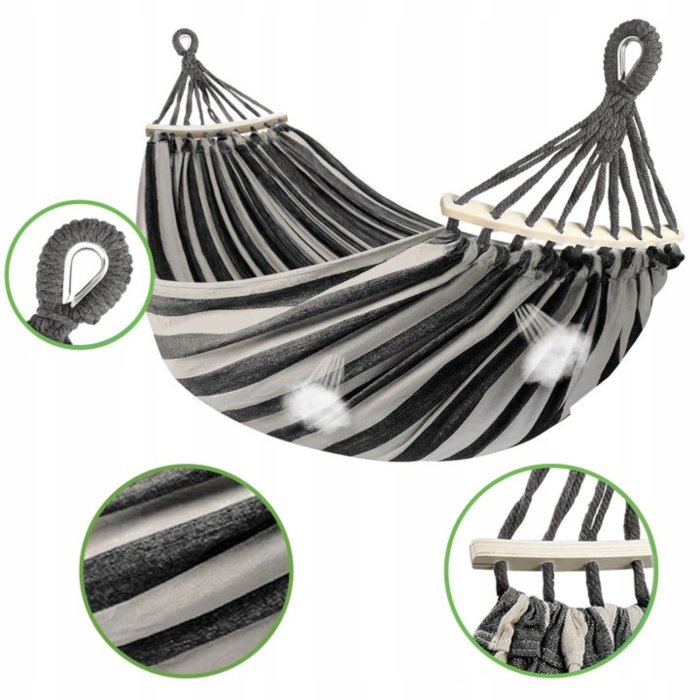 Hamac pentru doua persoane, capacitate 200 kg, montare usoara la copaci, stalpi sau structuri, bumbac/poliester, ideal gradina, terasa si camping, 150x200 cm [3]