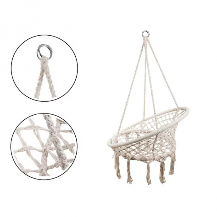 Hamac suspendat pentru interior/exterior VarioShop®, pentru terasa, balcon, gradina, cadru metalic impletit cu bumbac, capacitate pana la 120 kg, Bej [13]