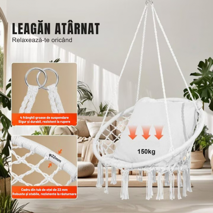 Hamac suspendat pentru interior/exterior VarioShop®, pentru terasa, balcon, gradina, cadru metalic impletit cu bumbac, capacitate pana la 120 kg, Bej [5]