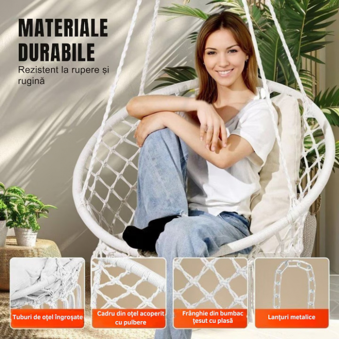 Hamac suspendat pentru interior/exterior VarioShop®, pentru terasa, balcon, gradina, cadru metalic impletit cu bumbac, capacitate pana la 120 kg, Bej [4]