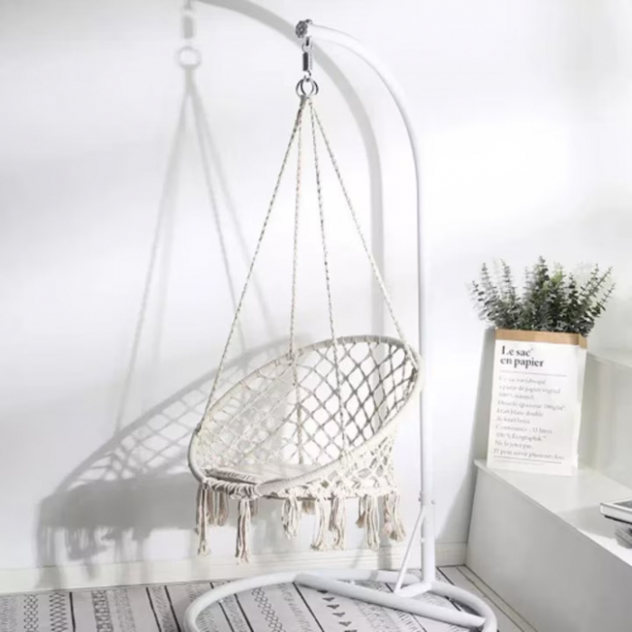 Hamac suspendat pentru interior/exterior VarioShop®, pentru terasa, balcon, gradina, cadru metalic impletit cu bumbac, capacitate pana la 120 kg, Bej [11]