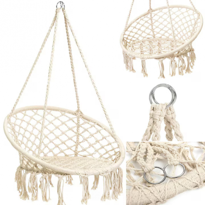 Hamac suspendat pentru interior/exterior VarioShop®, pentru terasa, balcon, gradina, cadru metalic impletit cu bumbac, capacitate pana la 120 kg, Bej [15]